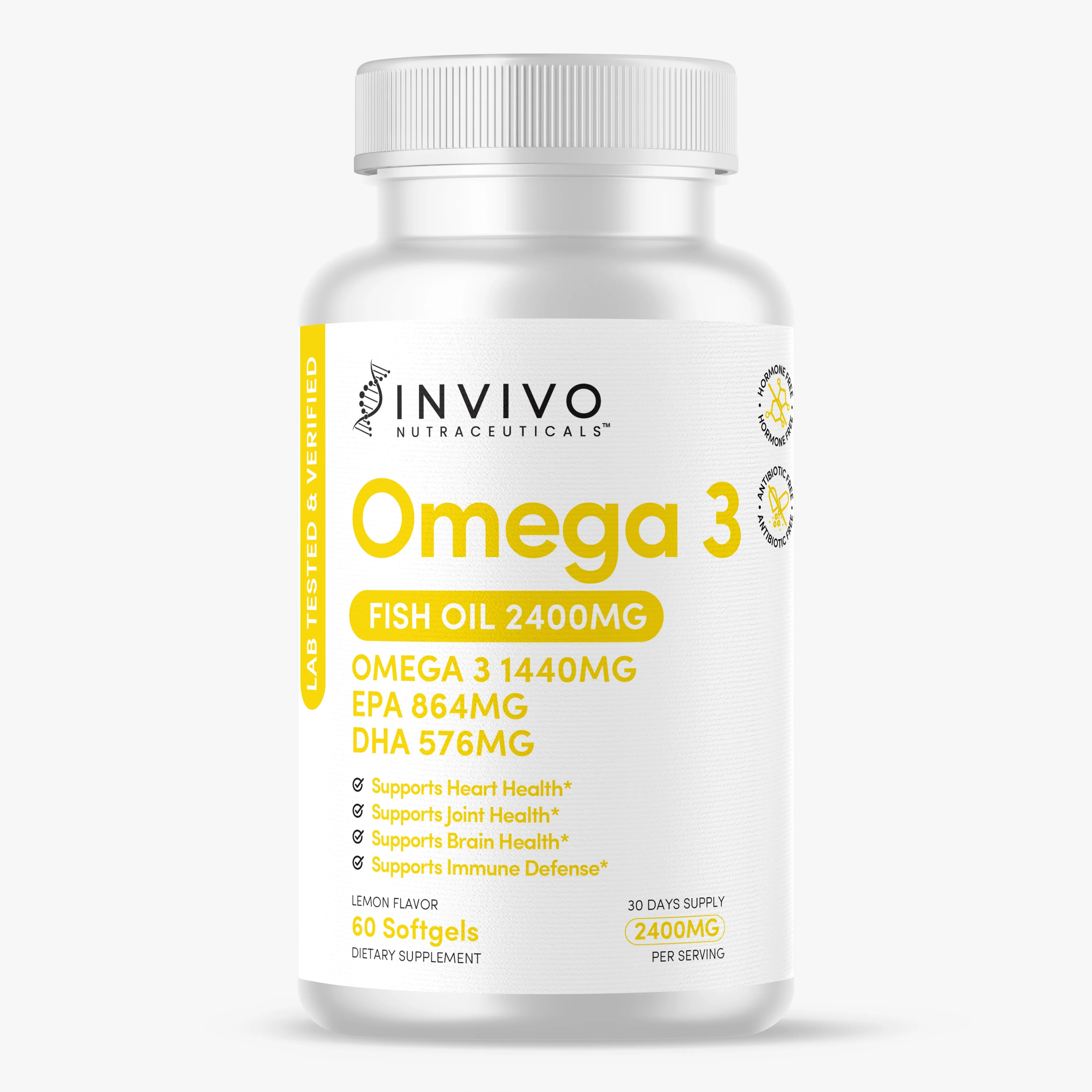 INVIVO Nutraceuticals Triple Strength Omega 3 Fish Oil Supplements - 60 Soft gels Fish Oil 2400 mg