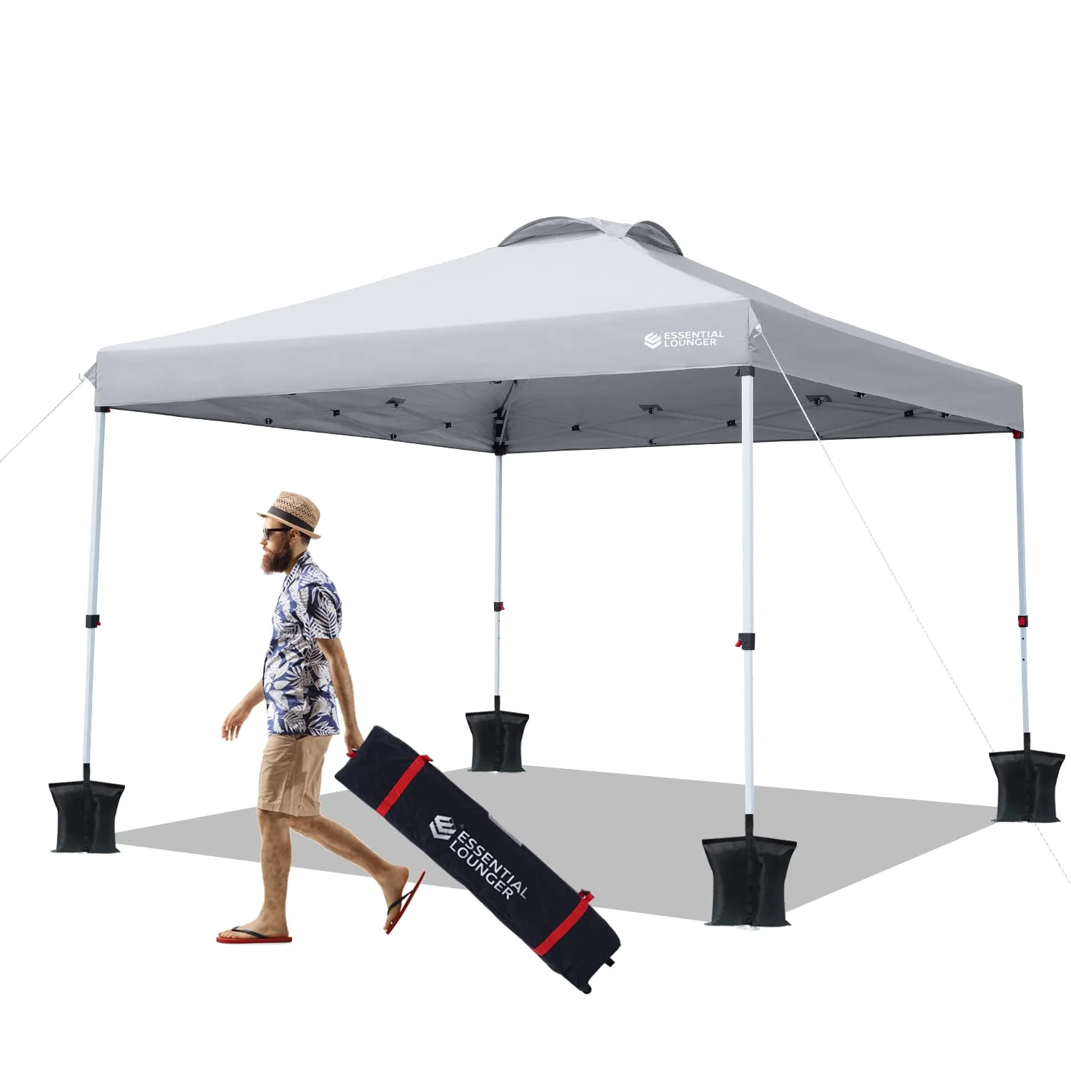 ESSENTIAL LOUNGER  10x10ft Pop Up  Outdoor Canopy Tent- Waterproof Portable Tent with Wheeled Carrying Bag, Grey