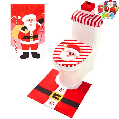 JOYIN 5 Pieces Christmas Santa Bathroom Decoration Set with Toilet Seat Cover, Tank Cover, Toilet Paper Cover , Xmas Bathroom Indoor Decor for Holiday Use Party Favors