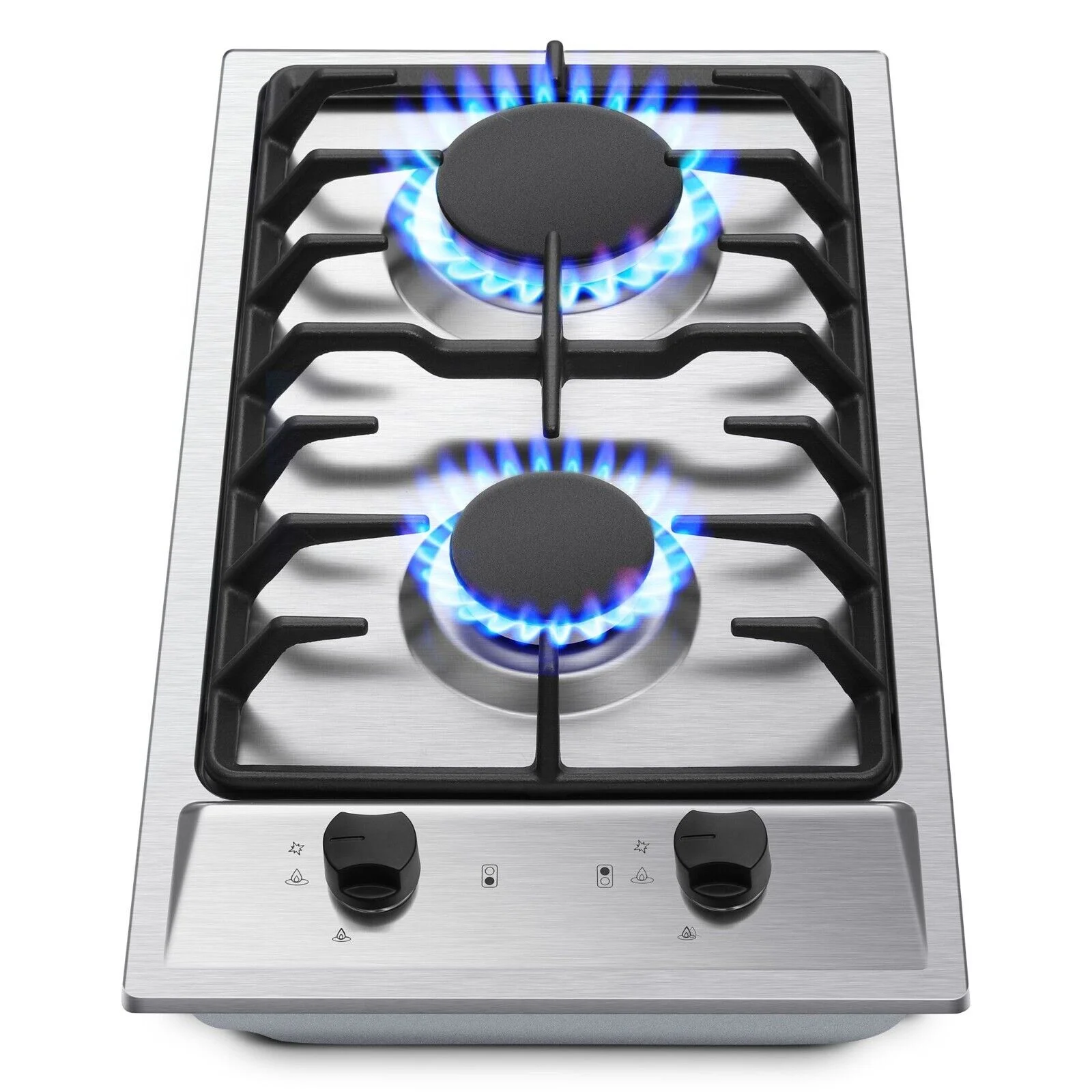 2-Burners Gas Cooktop 12 inch Stainless Steel Kitchen Gas Hob NG/LPG Convertible Built-In Integrated