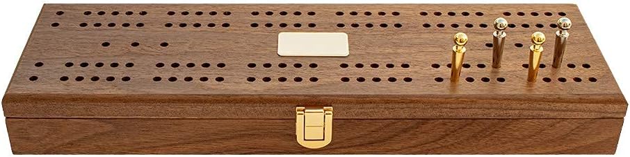Le Club Luxury Domino Set with Handcrafted Walnut Case and Cribbage / Counter Top - Tournament Quality 28 Indestructible (Domino Set with Brass Plate)