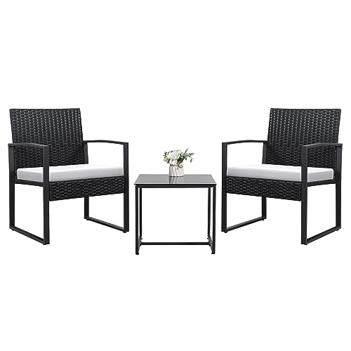 Devoko 3 Piece Patio Set, Outdoor Furniture Set Wicker Patio Conversation Sets Clearance Rattan Table and Chairs Set with Coffee Table and Cushion for Balcony Porch Bistro (White)