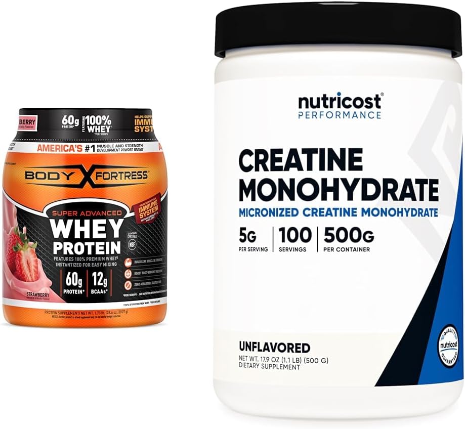 Body Fortress Super Advanced 100% Whey Protein Powder, Strawberry, 60g Protein & 12g BCAAs Per 2 Scoops + Nutricost Creatine Monohydrate Micronized Powder 500G, 5000mg Per Serv (5g), 100 Servings