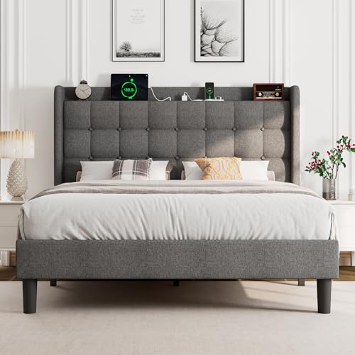 Queen Bed Frame, Upholstered Platform Bed with Charging Station, Modern Wingback Storage Headboard, Solid Wood Slats Support, No Box Spring Needed, Dark Gray