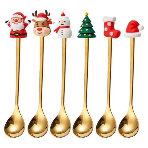 Upkoch Christmas Spoon Set, Christmas Coffee Spoons Teaspoon Stainless Steel Dessert Coffee Tea, Holiday Party Tableware, Figurine Design, Gold, 6 Pack with Red Box