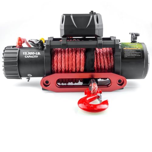 RUGCEL 13500lb Waterproof Electric Red Synthetic Rope Winch with Hawse Fairlead, Wired Handle and 2 Infrared Remote(13500LB RED)