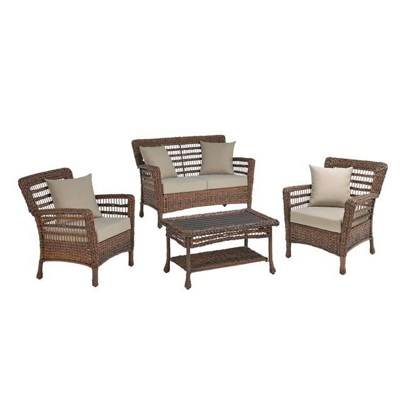Modern Concept Faux Sea Grass Resin Rattan Conversation Set, Dark Brown - Set of 4