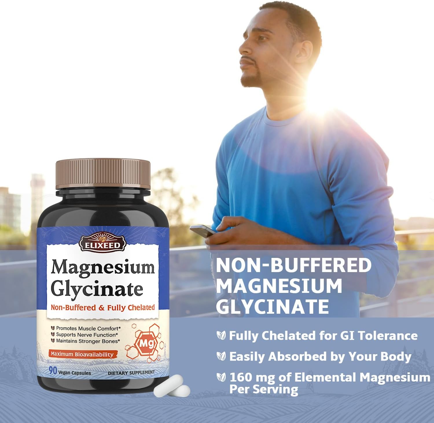 Magnesium Glycinate, 160mg Elemental Mag, Chelated & Non-Buffered, Maximum Bioavailability, Muscle, Bone & Nerve Health, Promote Relaxation, 90 Caps, Non-GMO