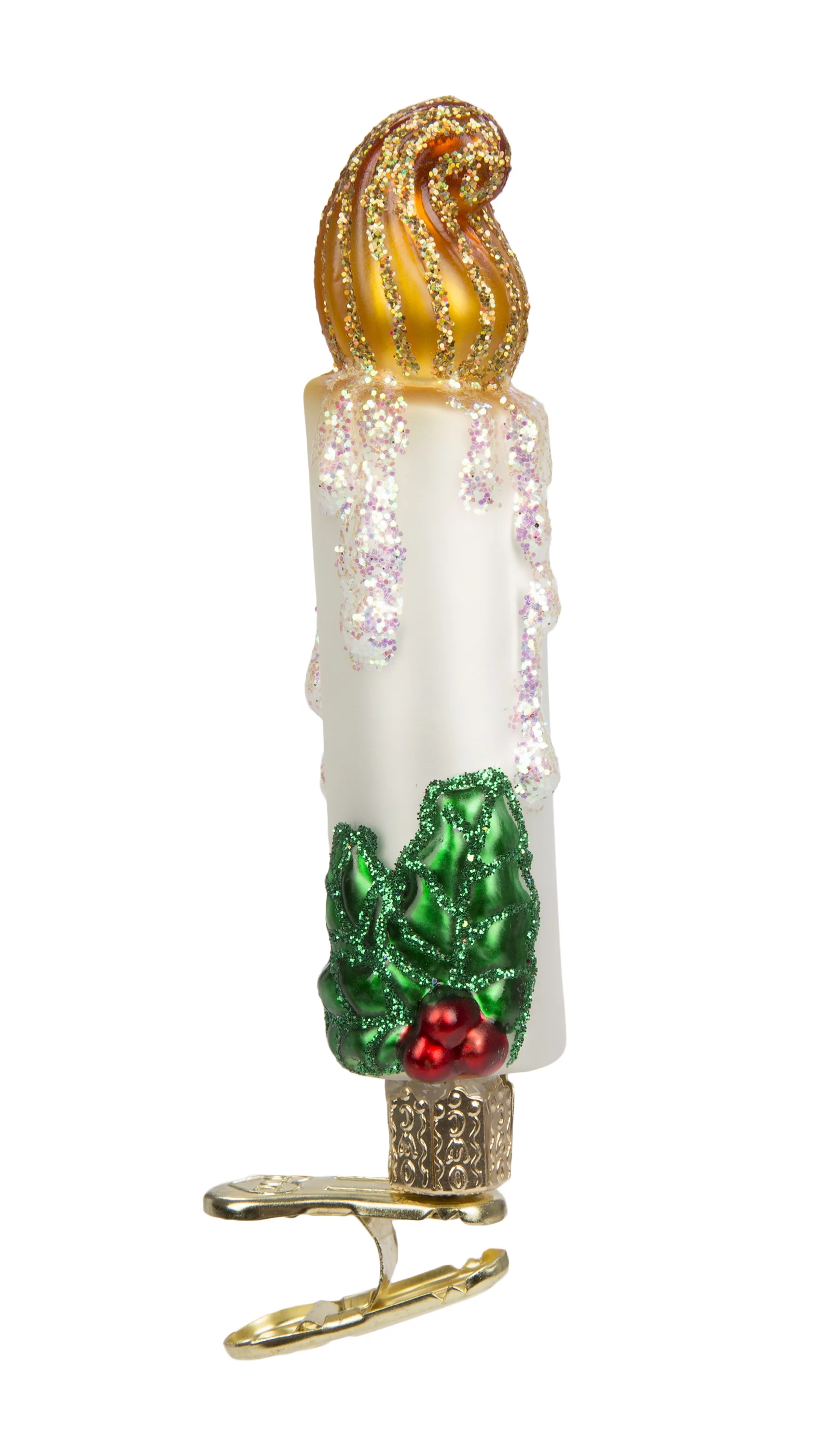 Old World Christmas Clip-On Candle Glass Ornament Holly Flame 32191