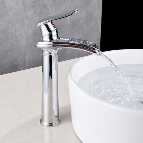 Bathroom Vessel Sink Faucet, Waterfall Oil Rubbed Bronze Bathroom Faucet, Vessel Faucet, Tall Body 1 Hole Single Handle with Pop Up Drain Combo Vanity Mixer Tap Basin Bowl Sink