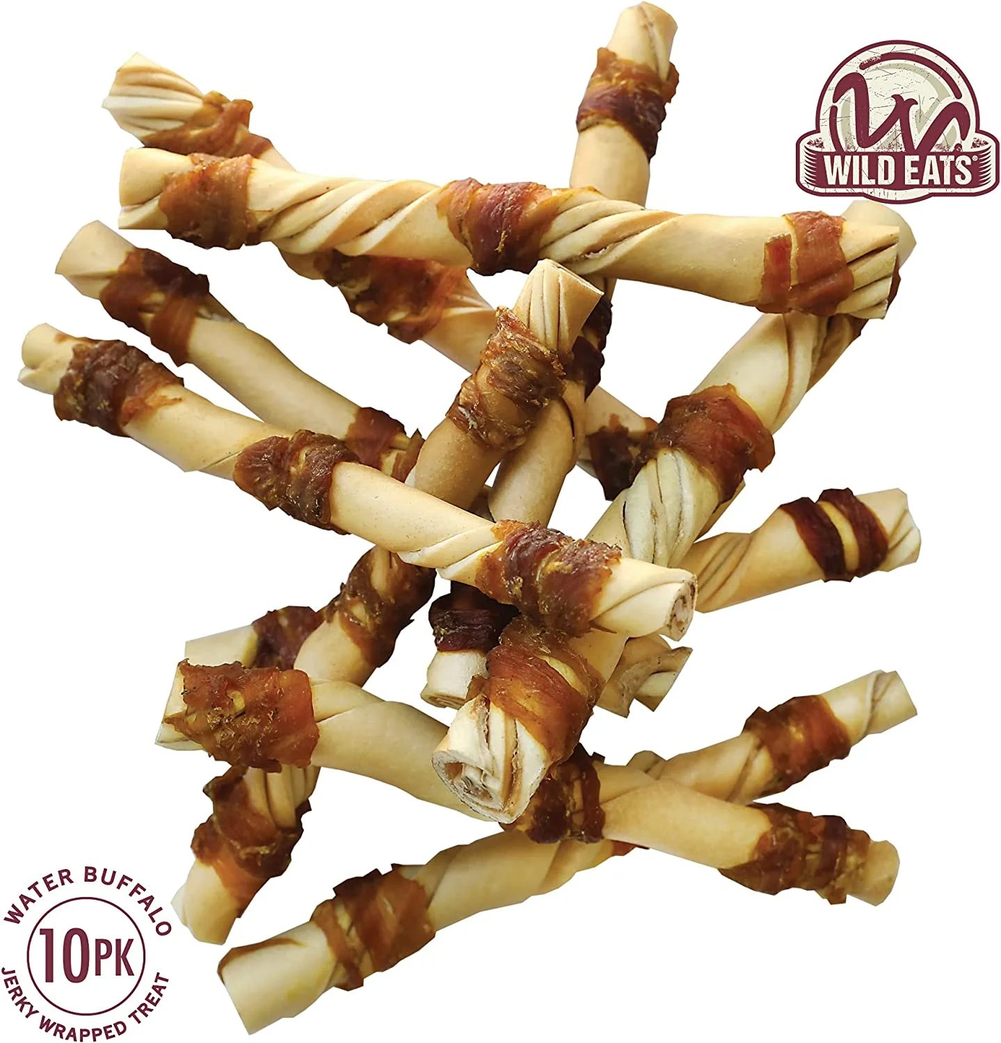 Wild Eats Water Buffalo Jerky Wrapped Cheek Twist Dog Chews - 10 Pack (Healthy Alternative for Beef Rawhides for Dogs, Natural Dog Treat, Single Source Protein Dog Treat)