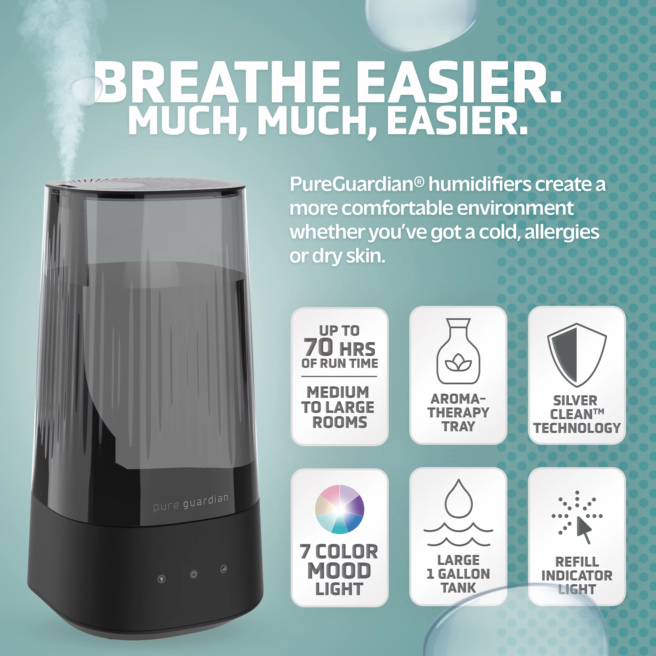 Pure Guardian 420 Sq. ft, 1 Gallon Ultrasonic Cool Mist Humidifier with Aroma Tray, H980C