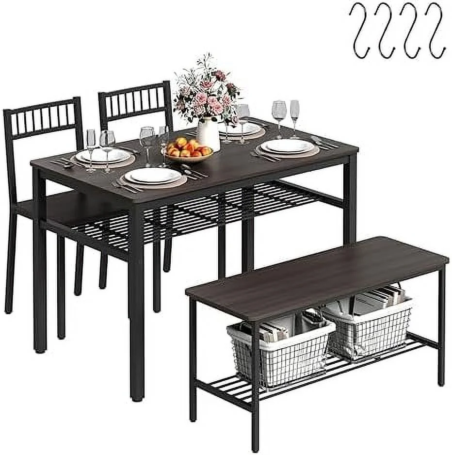 TJUNBOLIFE Dining Table Set for 4  Kitchen Table with 2 Chairs and 1 Bench  Dining Table Set with 2  Racks and 4 S-Hooks  Industrial Design for Small Space Home Kitchen  Rustic Brown