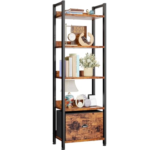 Furologee 5 Tier Bookshelf with Drawer, Kitchen Bakers Rack with Storage, Tall Narrow Bookcase, Industrial Free Standing Display Shelf, Wood and Metal Book Shelf for Bedroom, Living Room, Black
