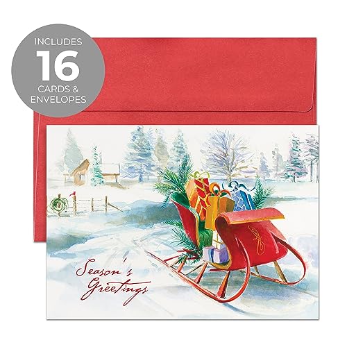 Masterpiece Holiday Greetings Trimmed In Scarlet Christmas Cards / 16 Boxed Snowy Cardinal Wreath Holiday Cards With Silver Foil Lined Envelopes / 5 5/8