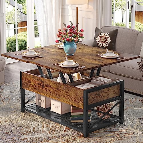 Itaar Lift Top Coffee Table, 4 in 1 Coffee Table with Storage for Living Room, Small Coffee Table with Hidden Compartment and Open Shelves for Dining Room, Black