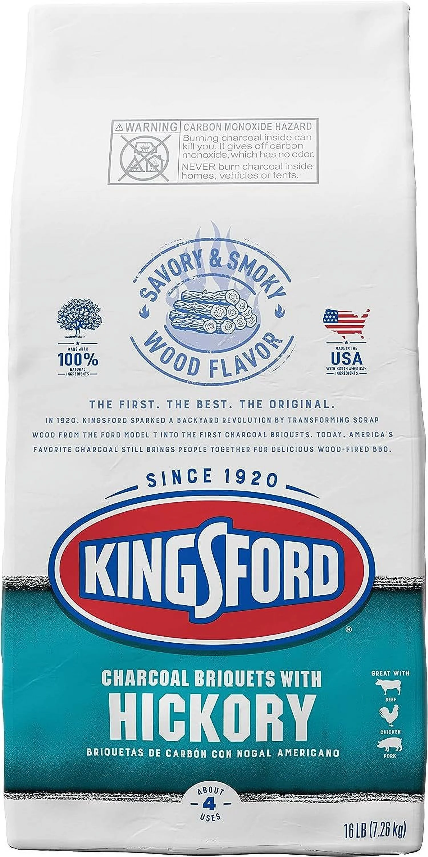 Kingsford Original Charcoal Briquettes with Hickory, BBQ Charcoal for Grilling - 16 Pounds