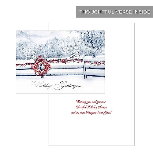 Masterpiece Holiday Greetings Trimmed In Scarlet Christmas Cards / 16 Boxed Snowy Cardinal Wreath Holiday Cards With Silver Foil Lined Envelopes / 5 5/8