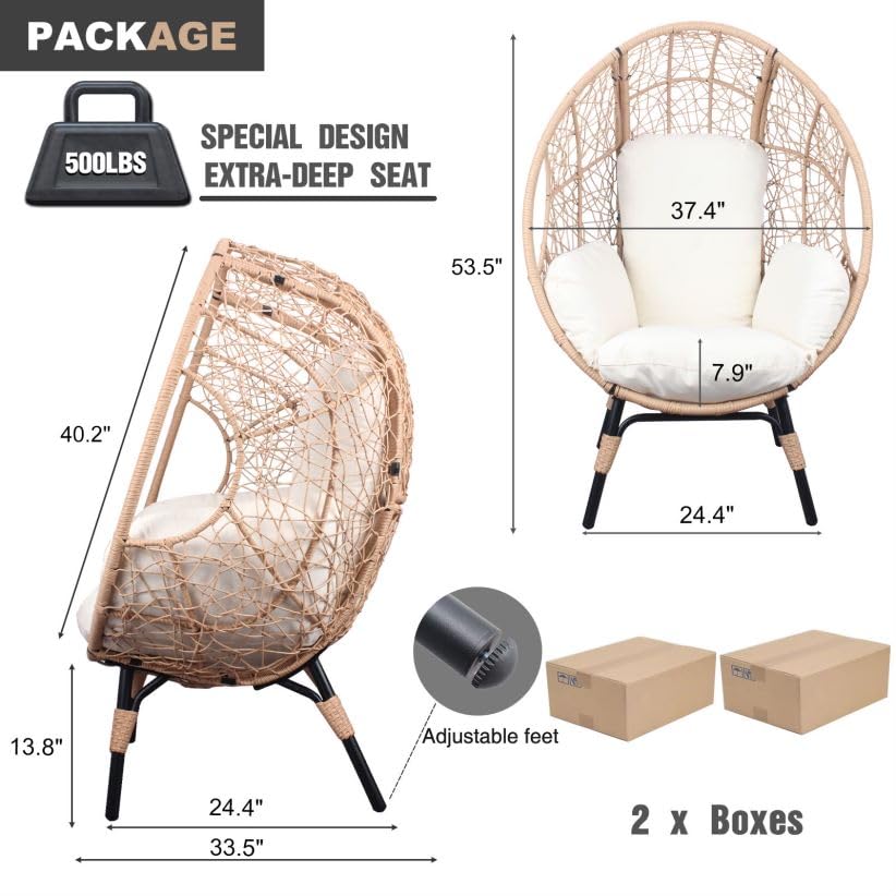 2 Pieces Patio PE Wicker Egg Chairs with Natural Color Rattan Beige Cushion