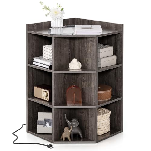 9 Cube Corner Cabinet, 3-Tier Wooden Cubby Corner Bookshelf with Charging Station, 2 USB Ports & 4 Outlets, 90 Degree Cube Storage Organizer Bookcase for Living room, Bedroom & Playroom (White)