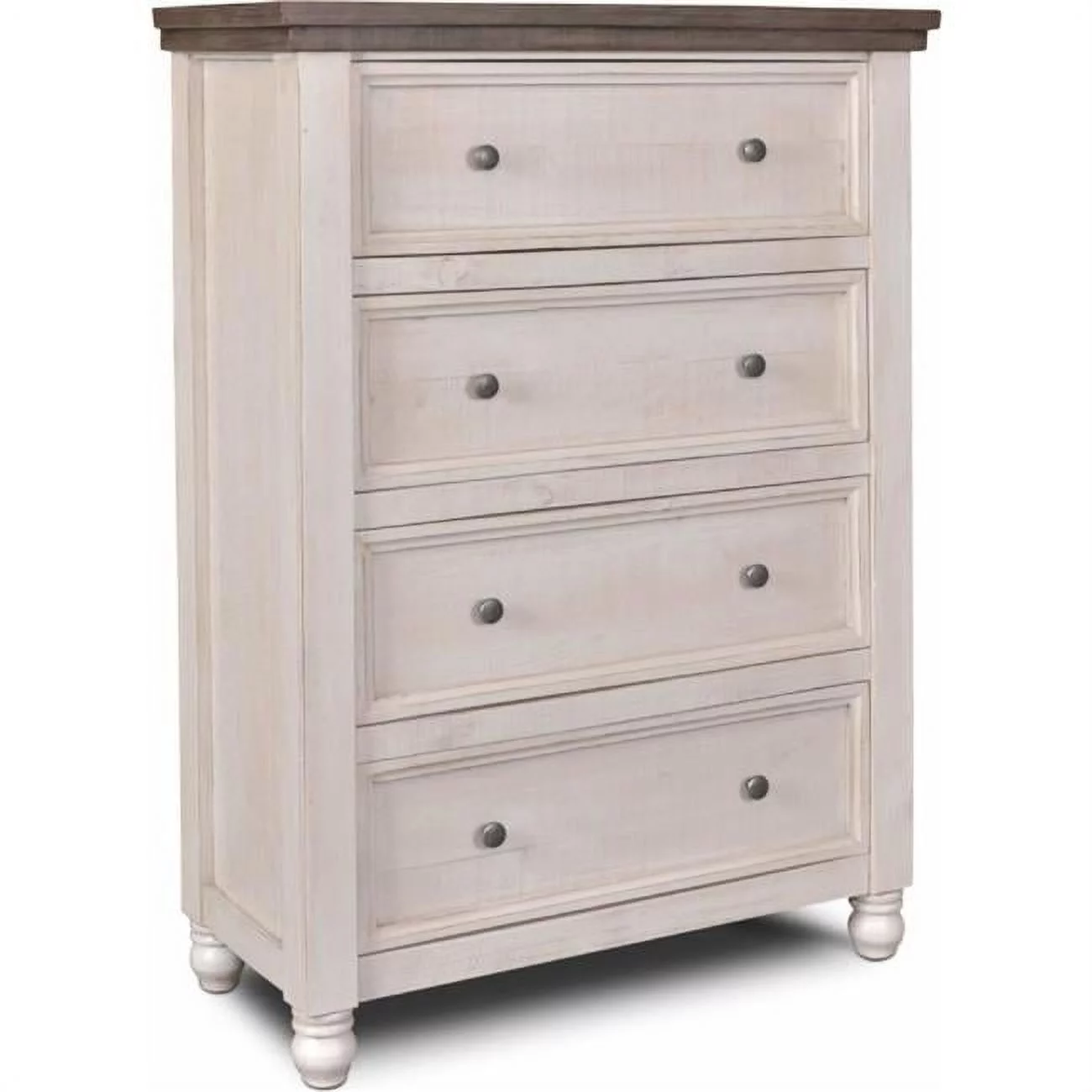 Sunset Trading  Rustic French Bedroom Chest with 4 Storage Drawers & Vertical Dresser, Distressed White & Brown Solid Wood