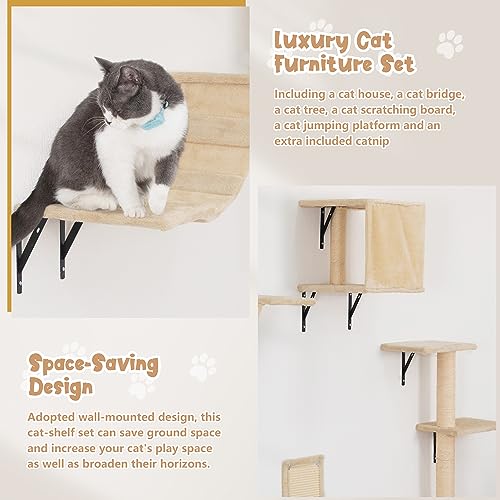 Wall Mounted Cat Furniture Set - 5 Piece Cat Shelves with Tree, Perch, Scratcher, Bridge & Condo - Gray