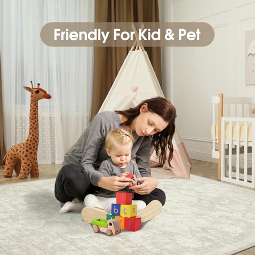 Area Rug 9x12 Living Room Rug, Soft Vintage Washable Rug with Anti-Skid Backing Stain Resistant Thin Indoor Carpet Large Area Rug for Bedroom Under Dining Room Table Nursery-Light Beige