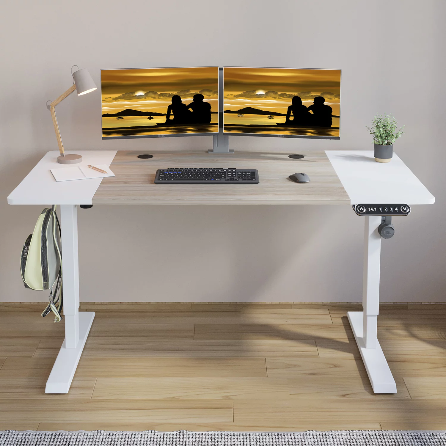 Electric Height Adjustable Standing Desk, 63x 30 Inches Stand Up Desk Workstation, Splice Board Home Office Computer Standing Table Ergonomic Desk (White+ Oak, 63x30'')