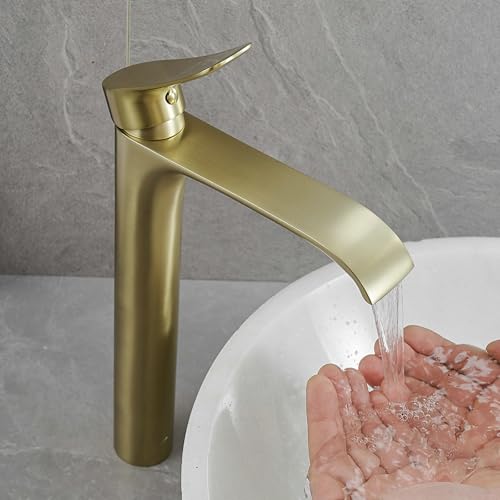 Brushed Nickel Vessel Sink Faucet, Single Handle Modern Waterfall Tall Bathroom Sink Faucet, Brass, 1 Hole, 1 Handle, Deck Mount, Vessel Install, Includes Supply Hoses, Drain, Manual