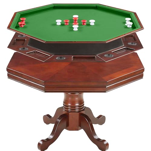Hathaway Kingston 3 in 1 Octagon Poker Table, Dining & Bumper Pool Table for Game Rooms - Durable Hardwood, Sturdy Legs, Smooth Playfield - Includes Bumper Balls, Cues, Chalk, Brush - Walnut