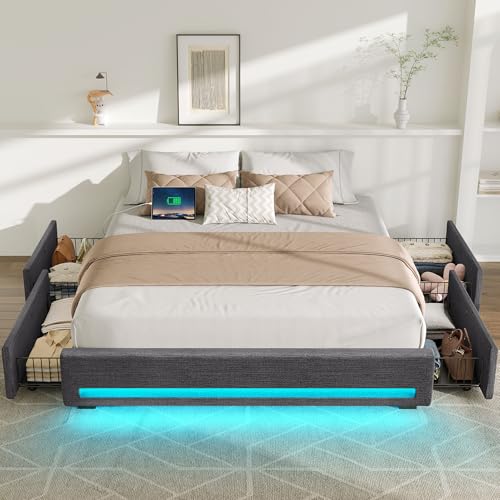 Rolanstar Twin Size Bed Frame with 4 Storage Drawers & Charging Station, Upholstered Platform Bed with LED Light, Heavy Metal Slats Support, No Box Spring Needed, Noise Free, Easy Assembly, Black