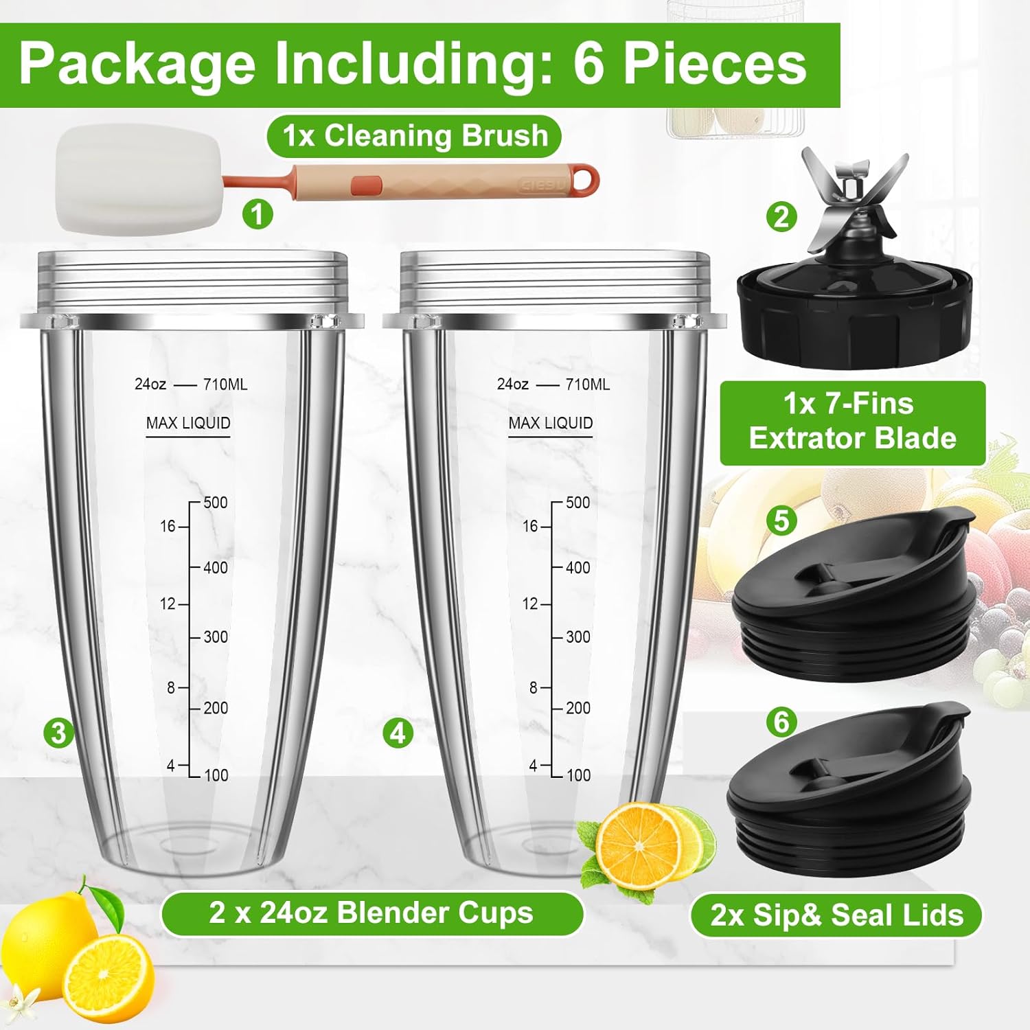 Blender Replacement Parts for Ninja, 2 24oz Ninja Blender Cups Replacement with To-Go Lids, 7-Fins Extractor Blade, for Nutri Ninja Auto iQ BN401 BN751 BN801 BN800 BL450 BL480 BL640 BL642 NN100