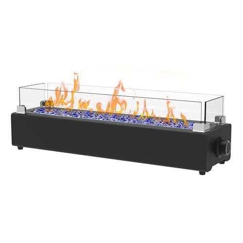 28-inch Table Top Propane Fire Pit, 40,000 BTU Tabletop Firepit for Patio, Outdoor Portable Fireplace Rectangular Fire Bowl w/Wind Glass Shield, Glass Rocks - Black