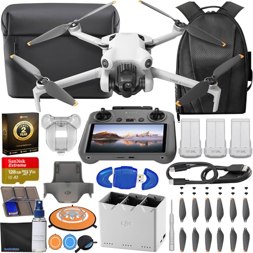 DJI Mini 4 Pro Drone Fly More Combo with RC 2 Controller (With Screen) Folding Drone with 4K Video, Under 249g, 34 Mins Flight Time, Vision Sensing 3 Batteries Bundle with 128GB Memory Card, CPS 2 Year Warranty + Pilot Kit