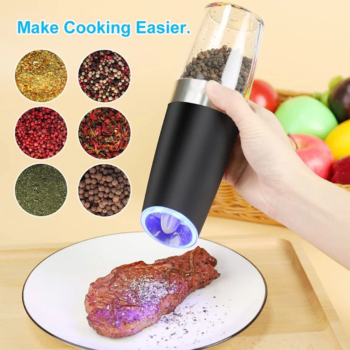 Deago 2 Pack Electric Gravity Salt and Pepper Grinder Set with Adjustable Coarseness Automatic Pepper and Salt Mill Grinder Battery Powered with LED Light