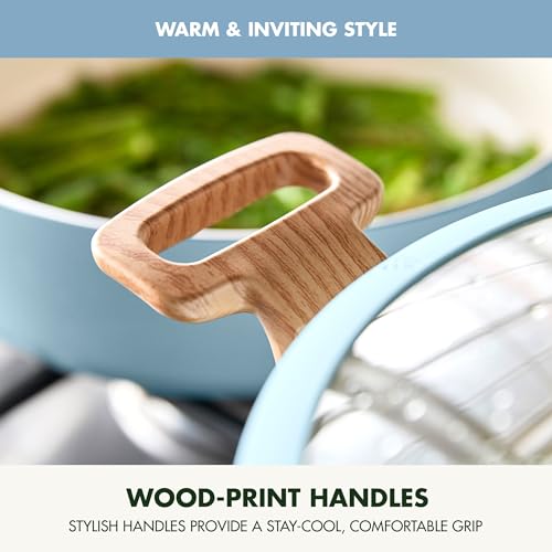 GreenPan Rio Essence Wood 10 Piece Cookware Pots and Pans Set, Healthy Ceramic Nonstick, PFAS PFOA Free Coating, Induction, Silicone Rim Lids, Stay-Cool Wood Print Handles, Dishwasher Safe, Blue