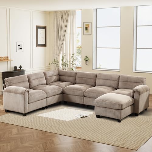 EBELLO Modular Sectional Corduroy Sofa Set, L Shaped Sofa Couch with Ottoman Chaise, 6 Seater Home Furniture Set for Living Room, Meeting Room, Grey