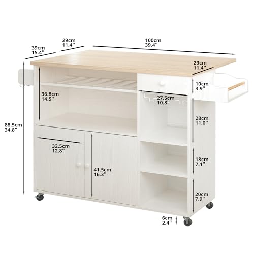 IRONCK Rolling Kitchen Island Cart with Drop-Leaf and Wine Rack, Microwave Rack Serving Cart on Wheels with Drawer & Shelves & Spice Rack & Cup Hanging, White