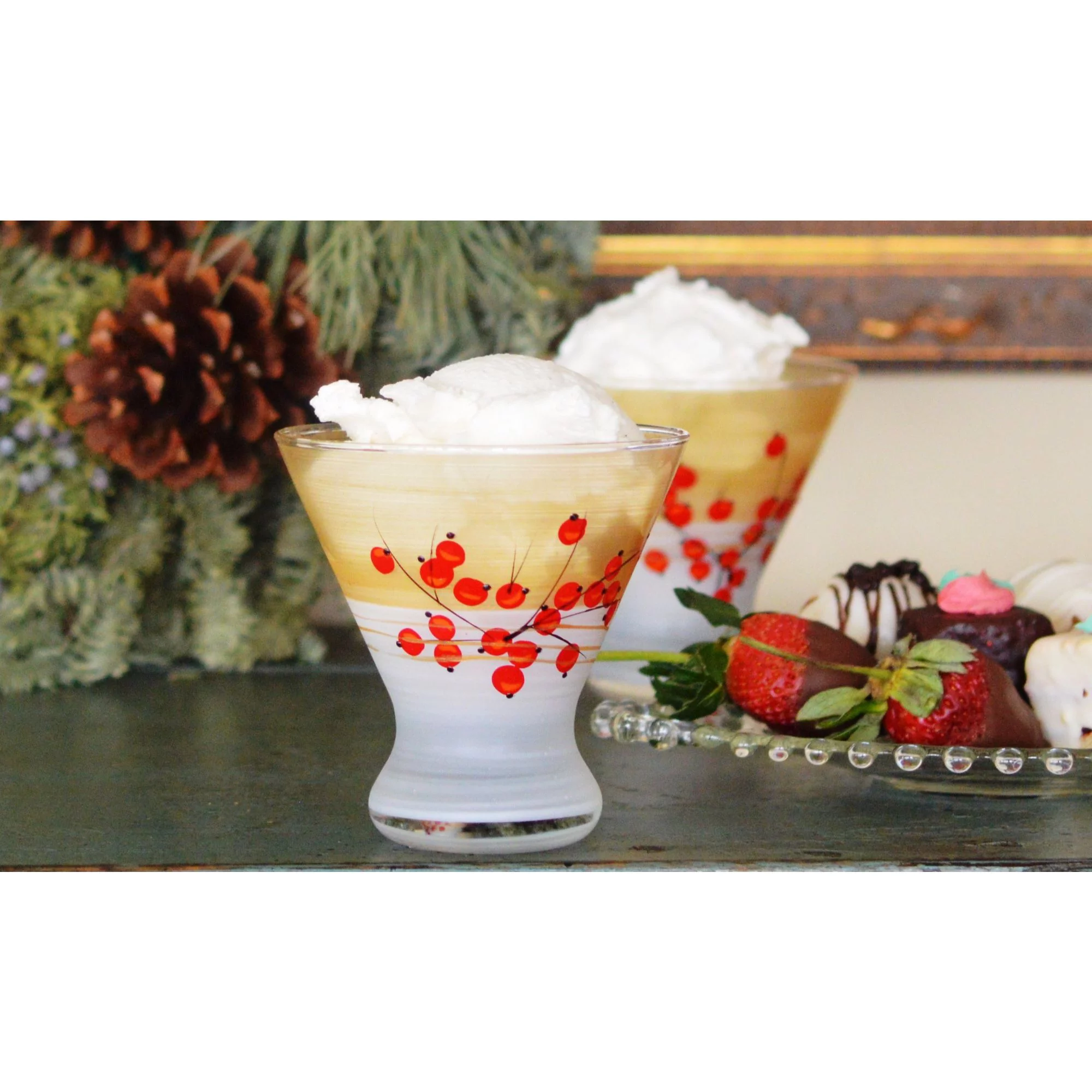 Crafted Creations Set of 2 Gold Berries and Branches Hand Painted Cosmopolitan Wine Glasses 8.25 oz.