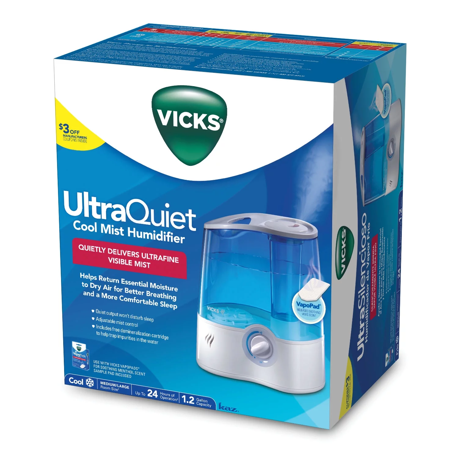 Vicks 1.5 Gallon Ultrasonic Cool Mist Humidifier, V5100, Blue, 600 sq. ft.