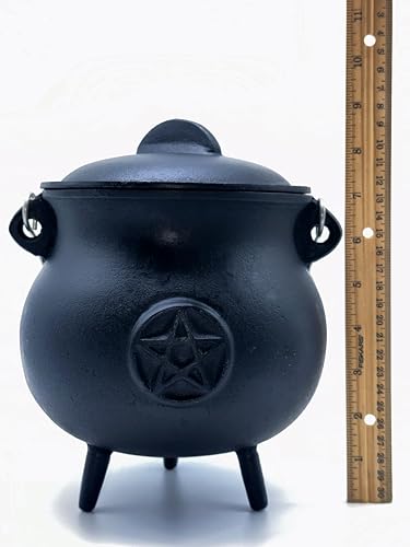X-Large Pentacle Cast Iron Cauldron with Lid and Handle, 7.5