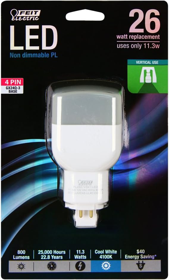 Feit Electric PL26E/V/841/LED LED PL Vertical Recessed, 800 lm, 26W Equivalent, GX24Q-3 Base, 4100k