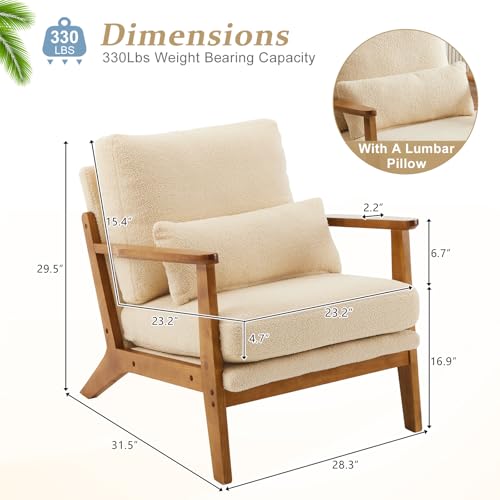 VINGLI Solid Wood Wide Armrests Accent Chair,Upholstered Mid Century Modern Chair with Pillow,Comfy Reading Chair Farmhouse Arm Chair,Chairs Living Room,Bedroom,Guest Room,Linen Fabric,Beige