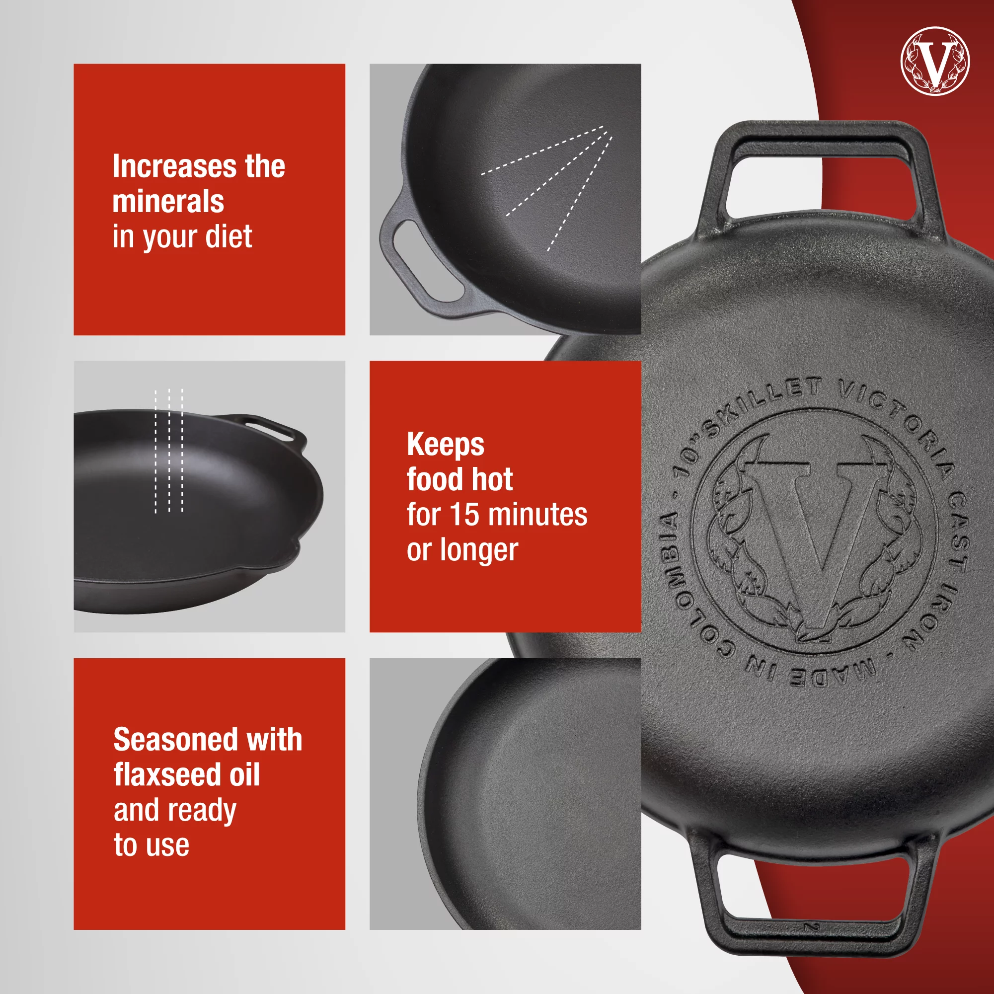 Victoria 10-Inch Cast Iron Round Skillet with Double Loop Handles, Made in Colombia