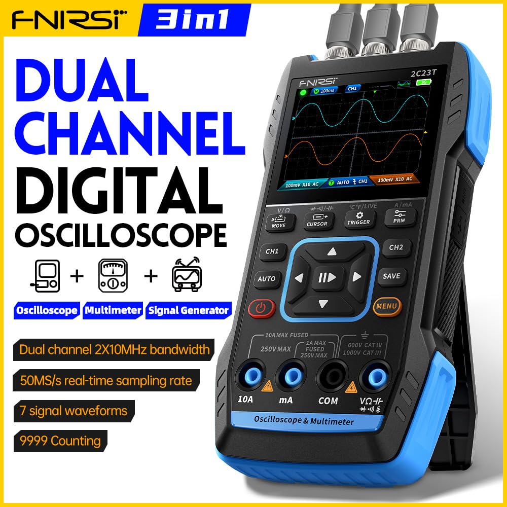 FNIRSI 2C23T 3 in 1 Handheld Oscilloscope Multimeter DDS Generator, 2 Channels, 10MHz Bandwidth, 50MSa/s Sampling Rate, 10000 Counts, Voltage, Current, Capacitor, Resistor, Diode Test