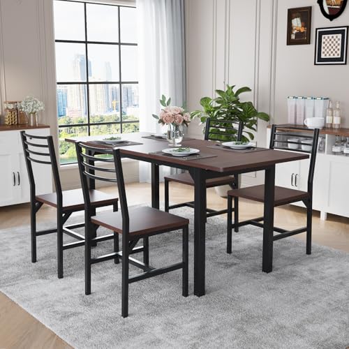VOWNER 63” Extendable Dining Table Set for 4-6 People, 5-Piece Dining Table Set for 4 People with 4 Chairs, Kitchen Table Set with MDF Board and Metal Frame, for Small Space, Apartment, Nature Wood