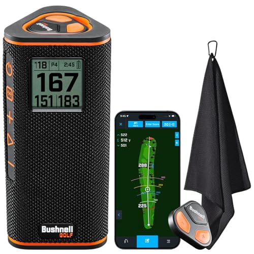 Bushnell Golf Wingman View GPS Speaker | LCD Screen, Magnetic Mount, Music & Audible Distances for 36,000+ Courses, Wireless Remote, 36-Hole Battery, Hazard Info, Signature Series Golf Towel
