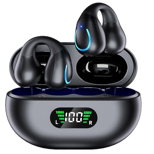 Open Ear Bone Conduction Headphones Bluetooth 5.3 Wireless Open Clip Ear Earbuds Built-in Mic with Ear Hooks 60 Hours Playtime Sport Earphones IPX7 Waterproof for Fitness Running