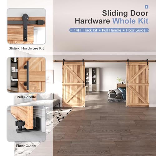 EaseLife 12 FT Double Sliding Barn Door Track and Handle Hardware Kit,Straight Pulley,Slide Smoothly Quietly,Easy Install (12FT Track Kit for 33