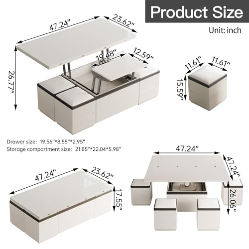 Sturdy Coffee Table with Lifting Top,Multifunction Modern Coffee Table with Four Stools,Storage Extendable End Tables for Living Room,Apartment,Eating Area,White